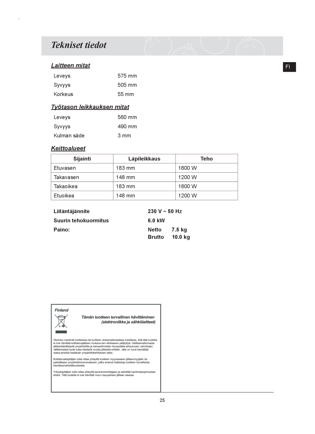 Samsung C61RAAST/XEE manual Tekniset tiedot, Keittoalueet 