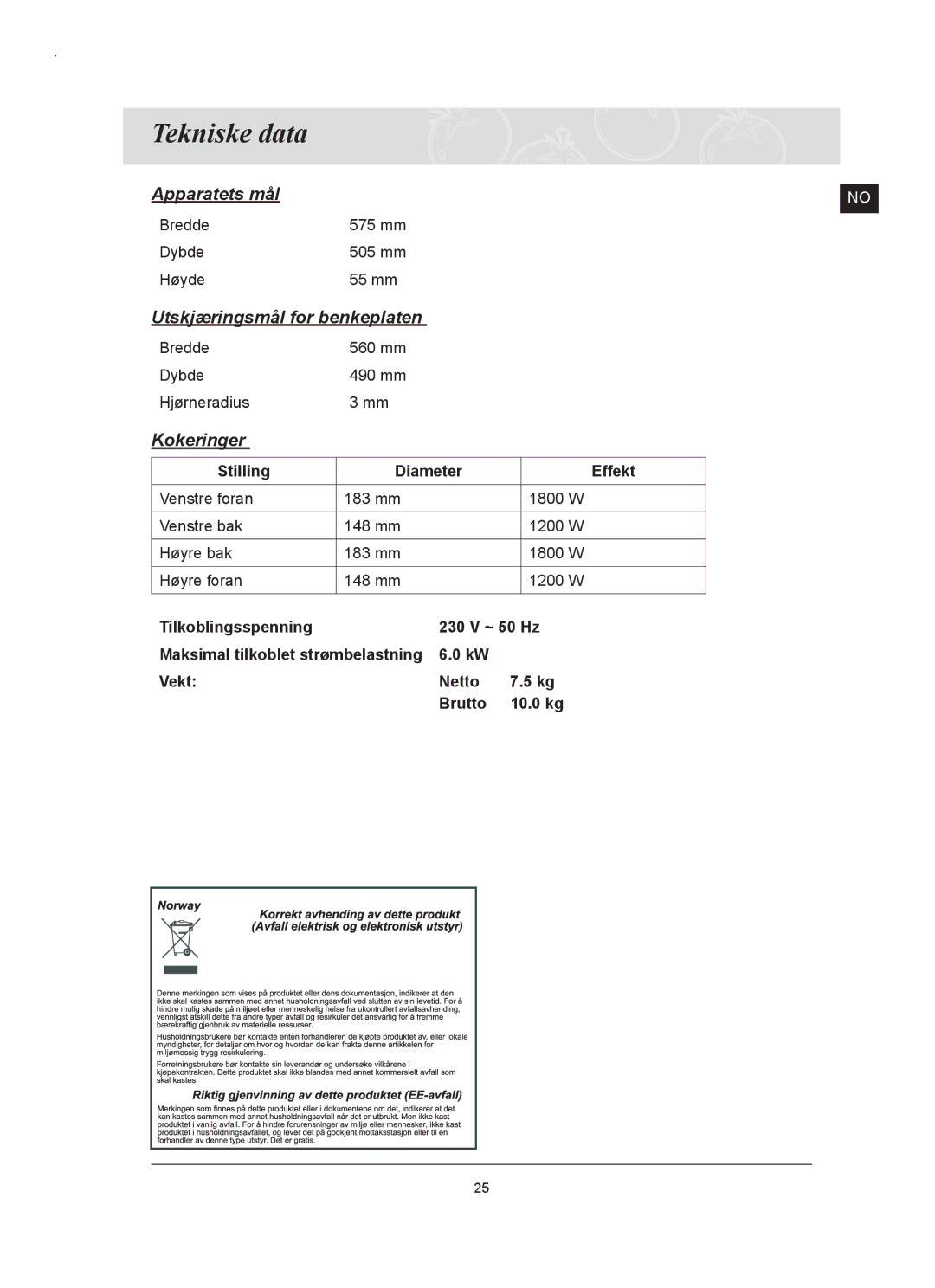 Samsung C61RAAST/XEE manual Tekniske data, Kokeringer 