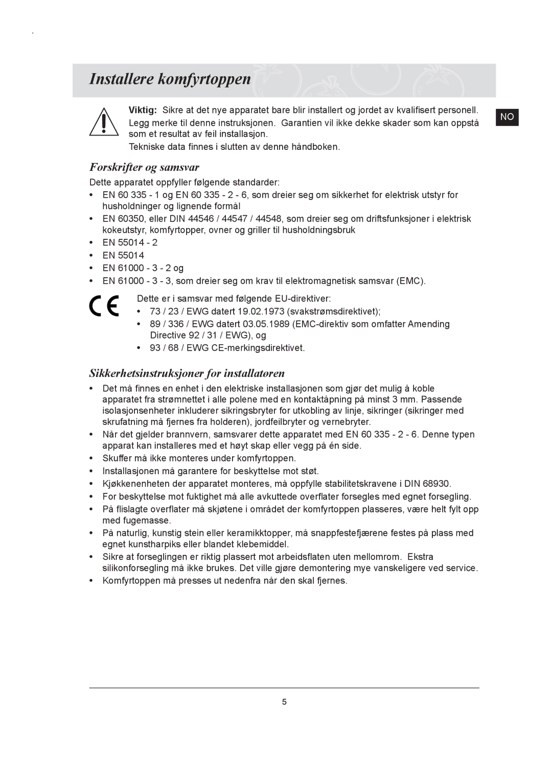 Samsung C61RAAST/XEE manual Installere komfyrtoppen, Forskrifter og samsvar, Sikkerhetsinstruksjoner for installatøren 