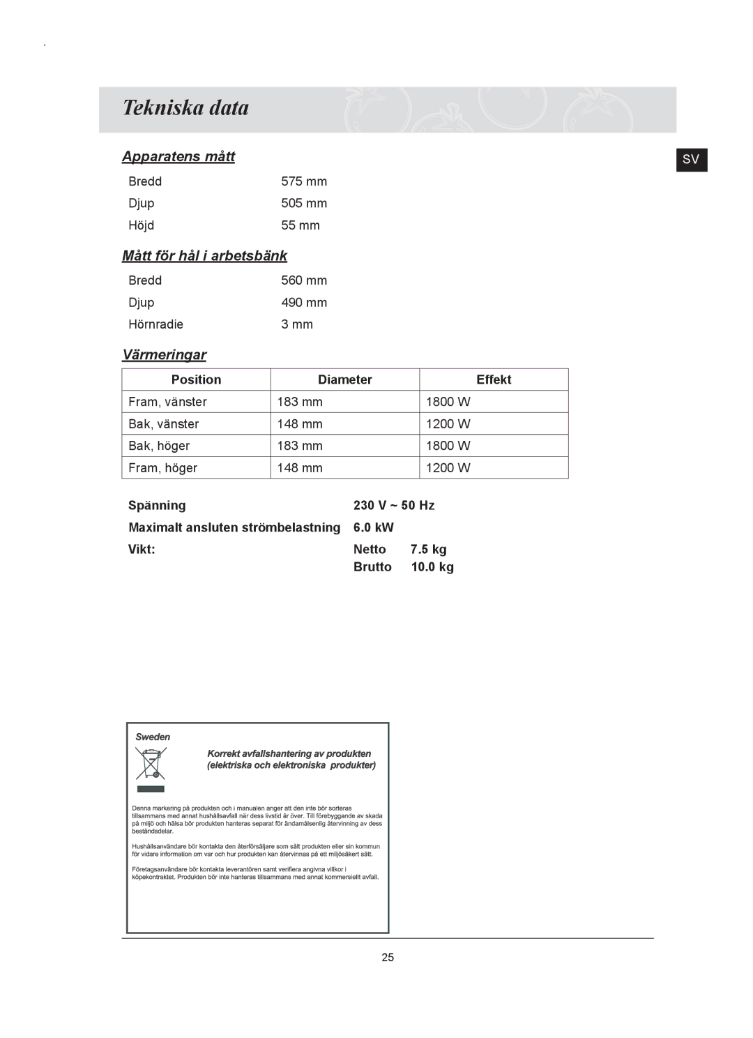 Samsung C61RAAST/XEE manual Tekniska data, Värmeringar 