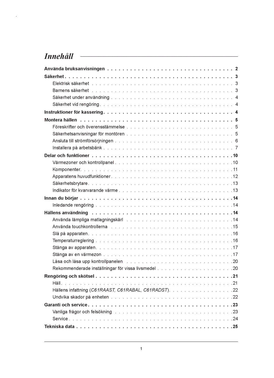 Samsung C61RAAST/XEE manual Innehåll, Hällens användning 