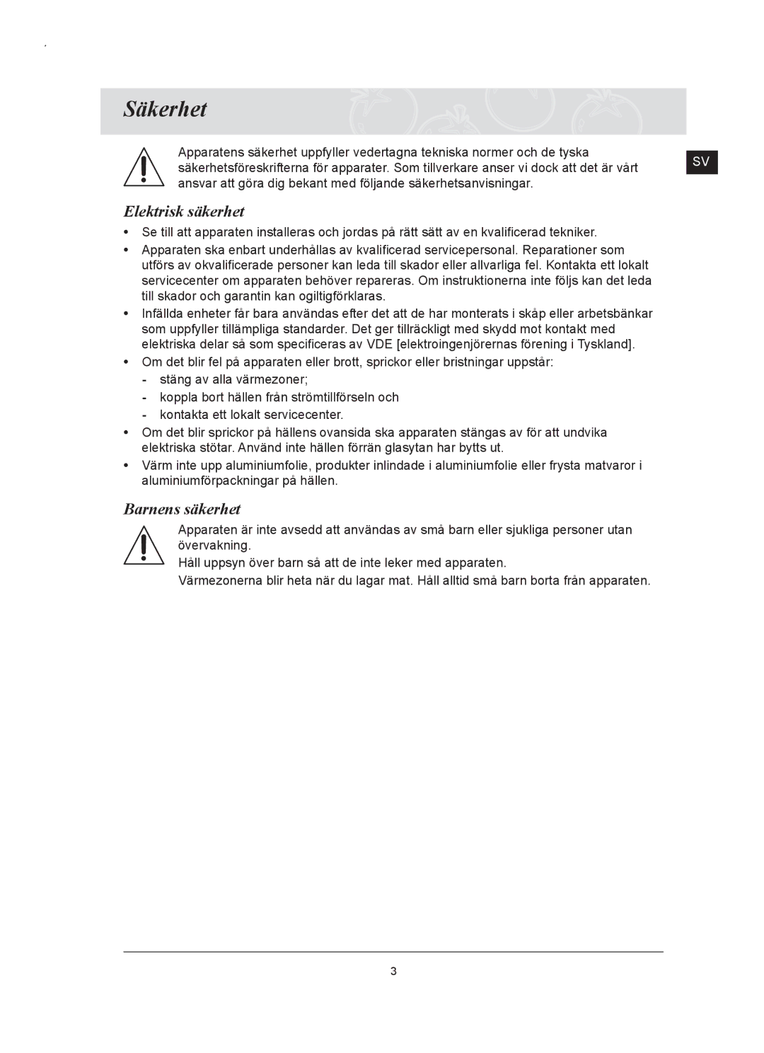 Samsung C61RAAST/XEE manual Säkerhet, Elektrisk säkerhet, Barnens säkerhet 