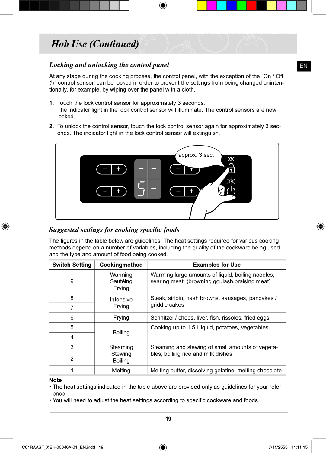 Samsung C61RAAST/XEH manual Locking and unlocking the control panel, Suggested settings for cooking specific foods 