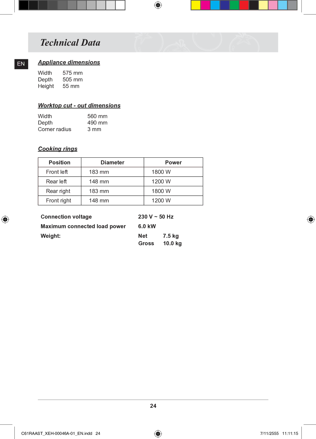 Samsung C61RAAST/XEH manual Technical Data, EN Appliance dimensions, Worktop cut out dimensions, Cooking rings 