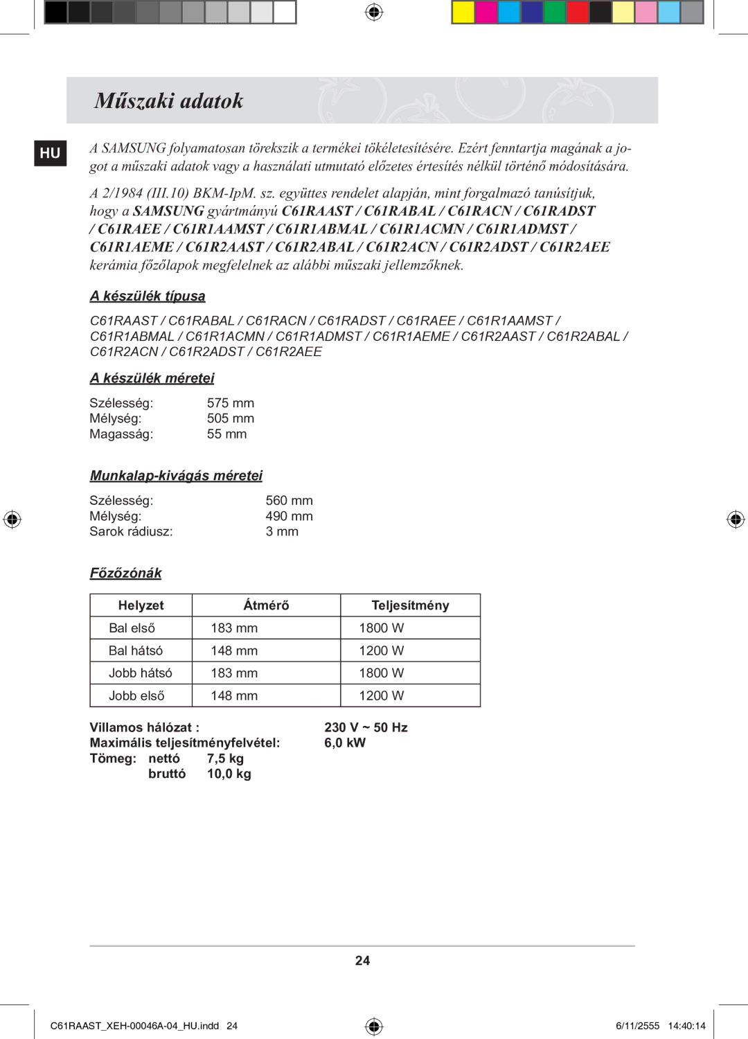 Samsung C61RAAST/XEH manual Műszaki adatok, Készülék típusa, Készülék méretei, Munkalap-kivágás méretei, Főzőzónák 