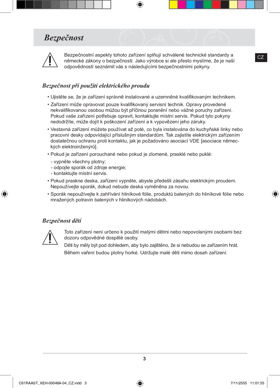 Samsung C61RAAST/XEH manual Bezpečnost při použití elektrického proudu, Bezpečnost dětí 