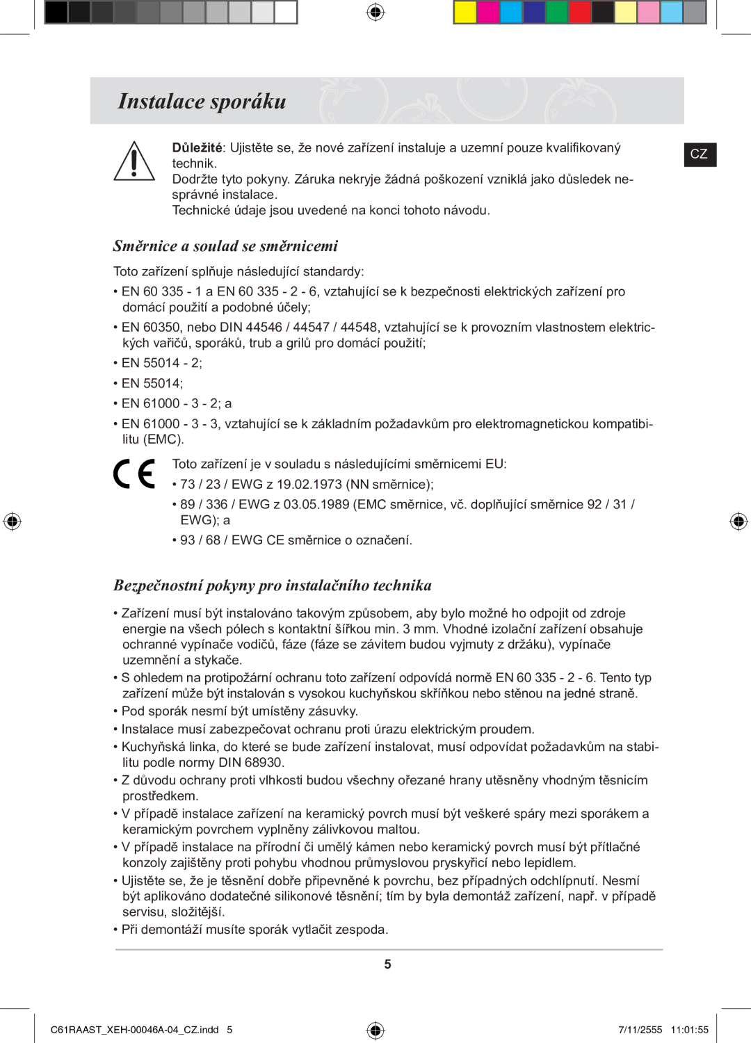Samsung C61RAAST/XEH Instalace sporáku, Směrnice a soulad se směrnicemi, Bezpečnostní pokyny pro instalačního technika 