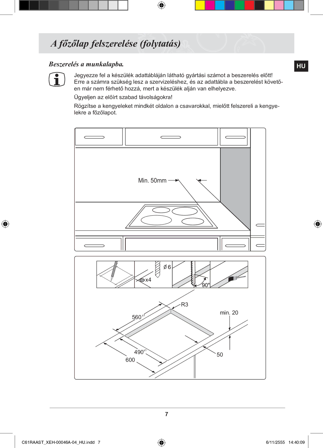 Samsung C61RAAST/XEH manual Főzőlap felszerelése folytatás, Beszerelés a munkalapba 