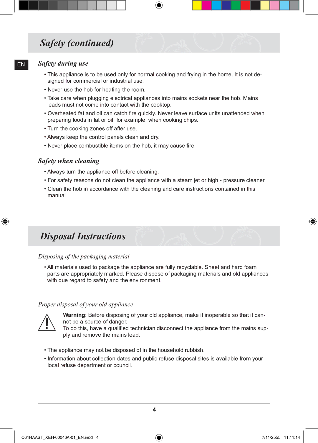 Samsung C61RAAST/XEH manual Disposal Instructions, EN Safety during use, Safety when cleaning 