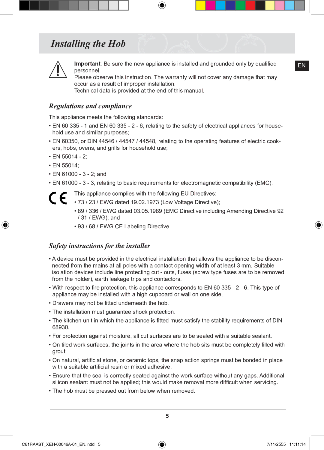 Samsung C61RAAST/XEH manual Installing the Hob, Regulations and compliance, Safety instructions for the installer 