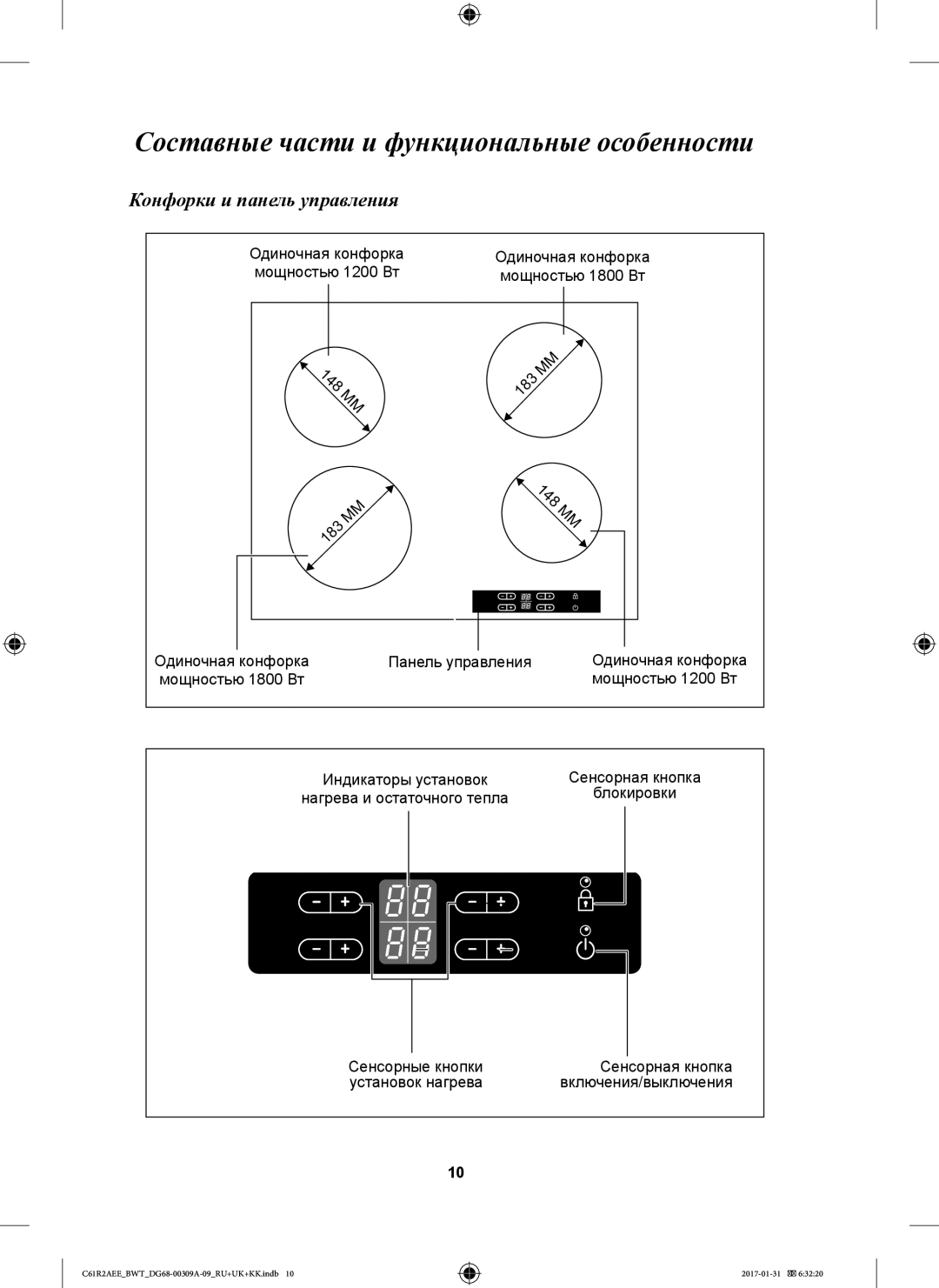 Samsung C61RABALR/BWT, C61RACNR/SBW manual Составные части и функциональные особенности, Конфорки и панель управления 
