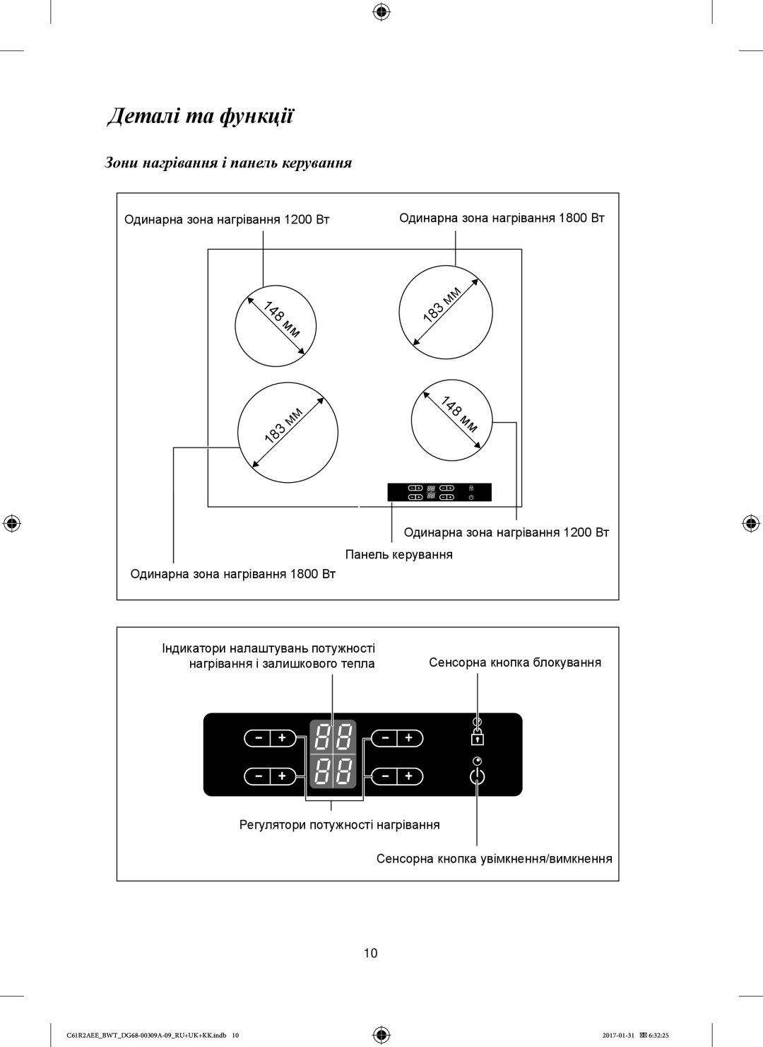 Samsung C61RACNR/BWT, C61RABALR/BWT, C61RACNR/SBW, C61RAASTR/BWT manual Деталі та функції, Зони нагрівання і панель керування 