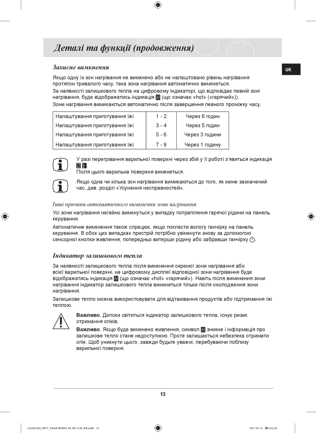 Samsung C61RACNR/SBW Захисне вимкнення, Індикатор залишкового тепла, Інші причини автоматичного вимкнення зони нагрівання 