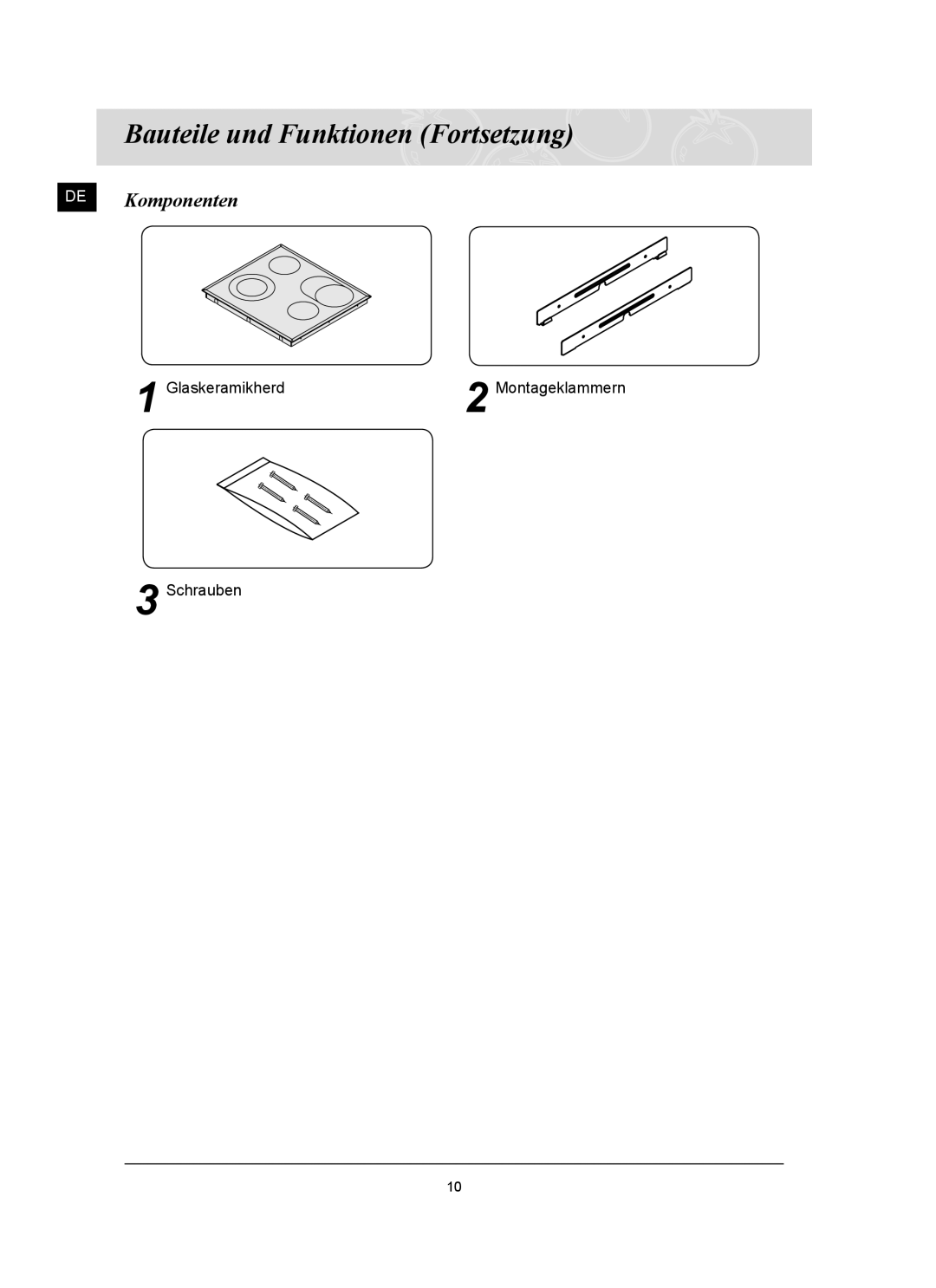 Samsung C61RCAST2/XEG manual Bauteile und Funktionen Fortsetzung, DE Komponenten 