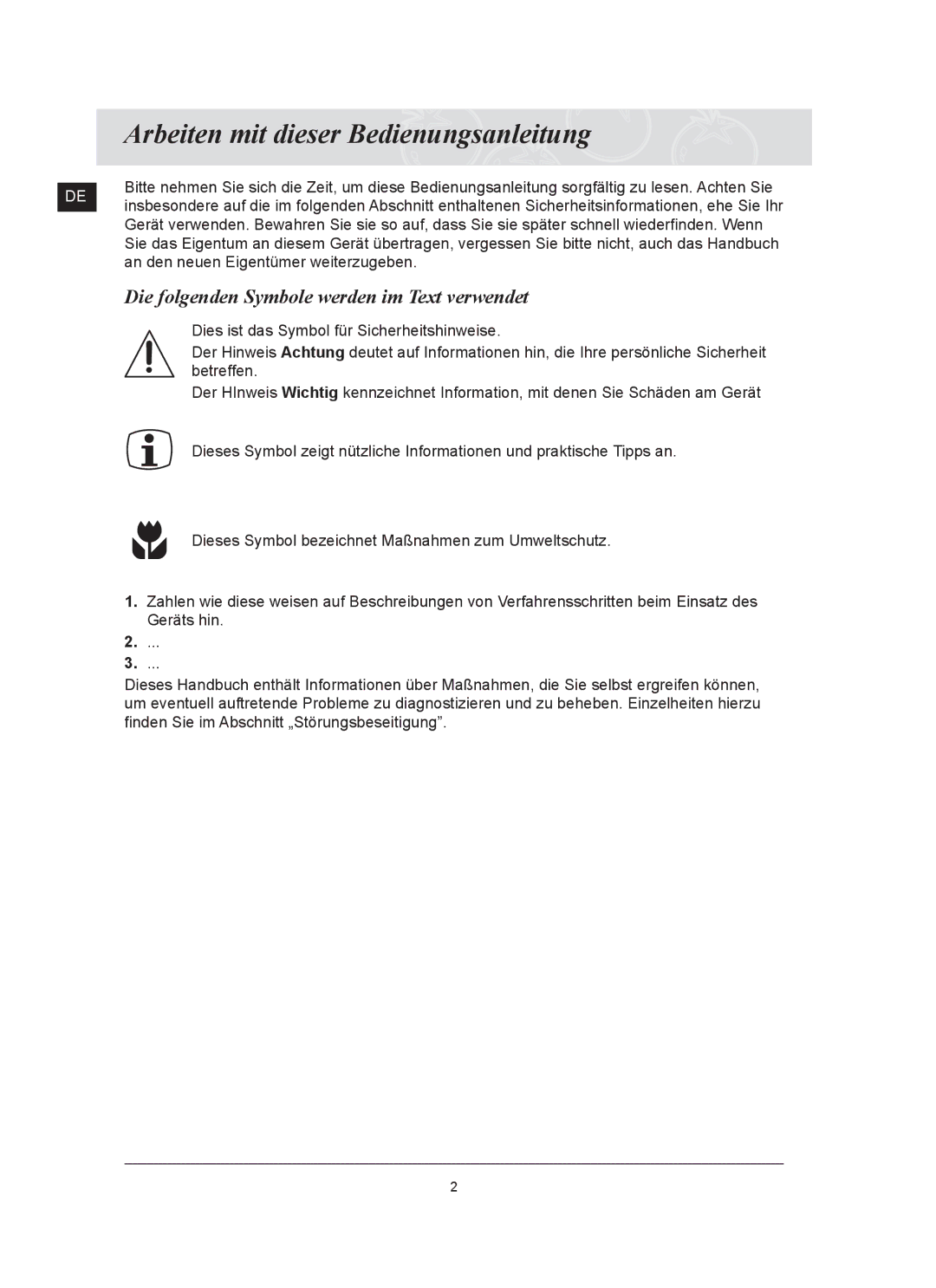 Samsung C61RCAST2/XEG manual Arbeiten mit dieser Bedienungsanleitung, Die folgenden Symbole werden im Text verwendet 