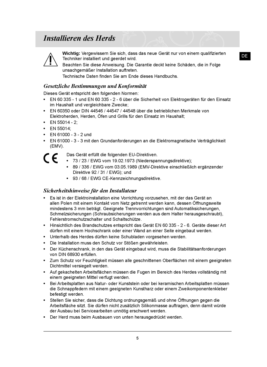 Samsung C61RCAST2/XEG manual Installieren des Herds, Gesetzliche Bestimmungen und Konformität 