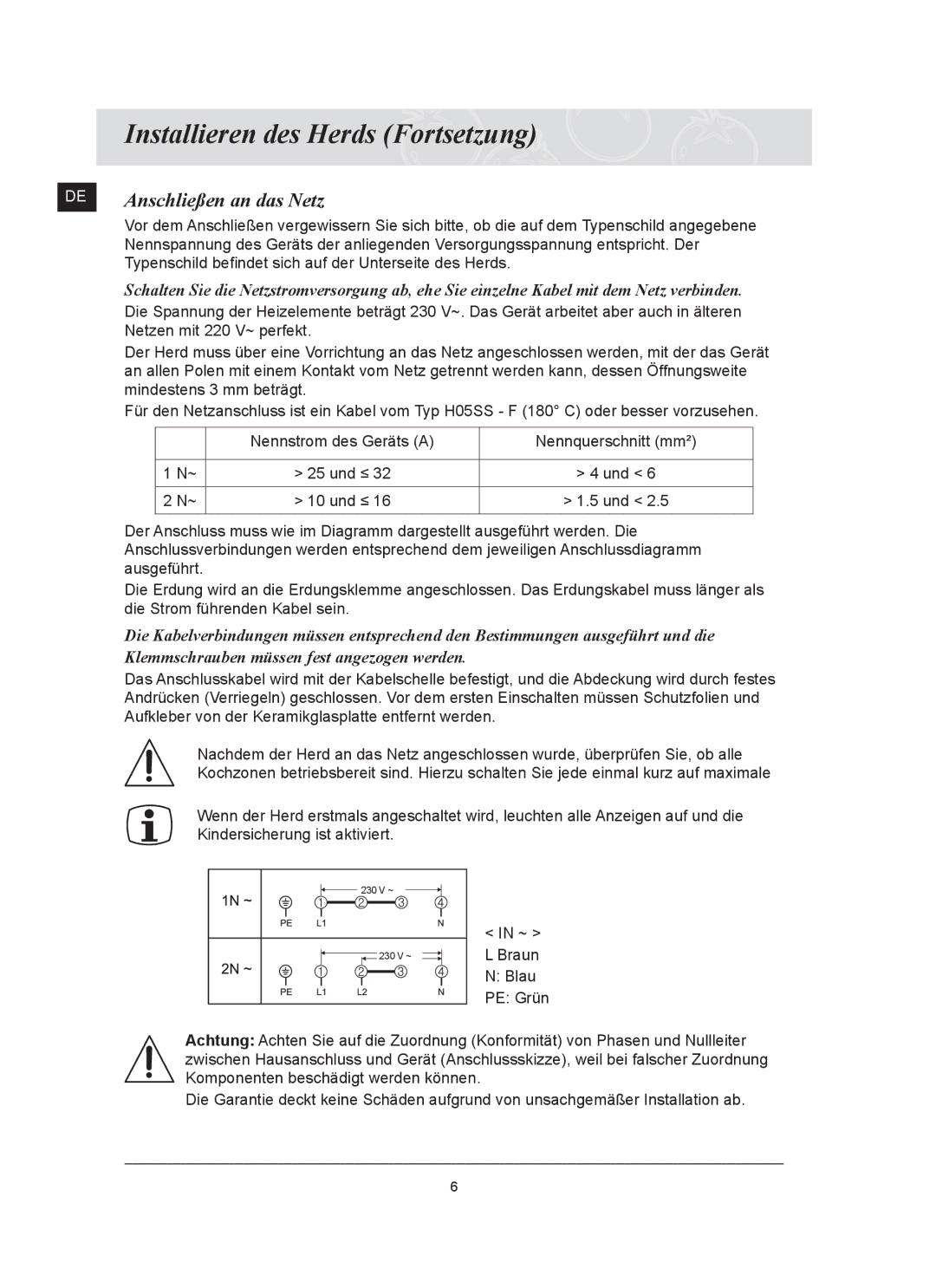 Samsung C61RCAST2/XEG manual Installieren des Herds Fortsetzung, Anschließen an das Netz 