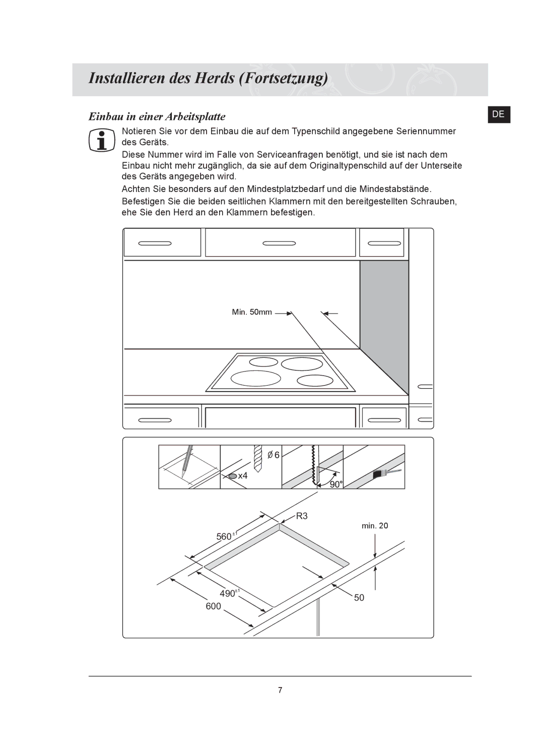 Samsung C61RCAST2/XEG manual Einbau in einer Arbeitsplatte 