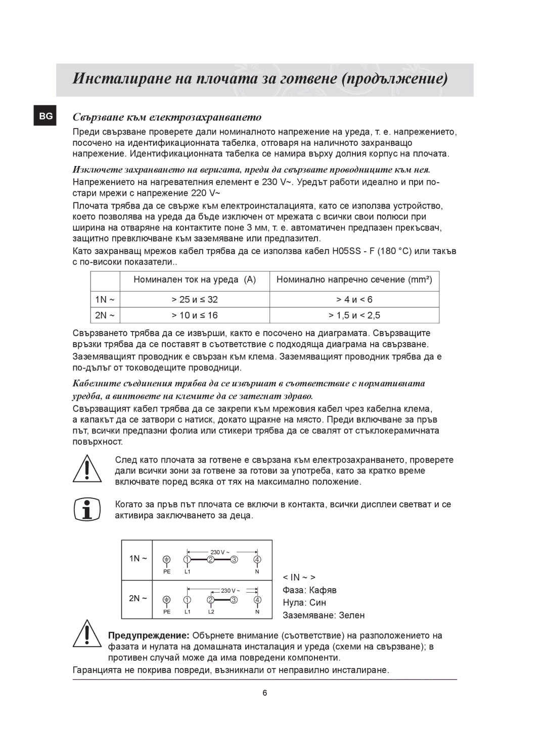 Samsung C61RCAST/BOL manual Инсталиране на плочата за готвене продължение, BG Свързване към електрозахранването 