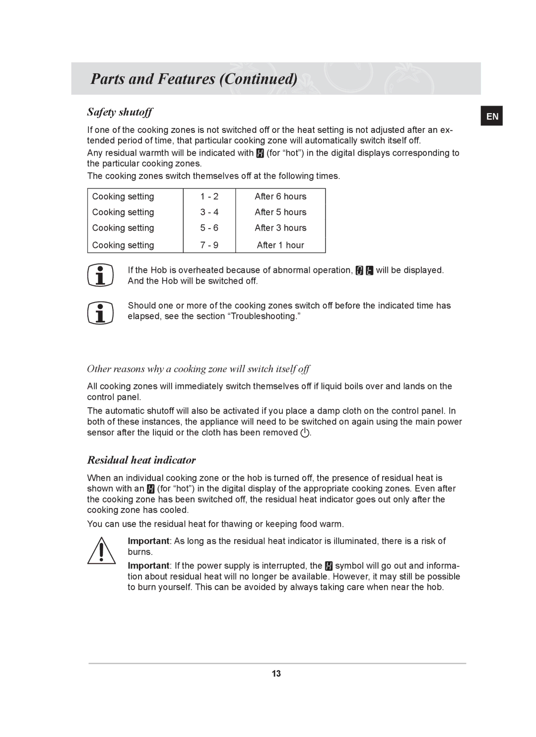 Samsung C61RCAST/BOL Safety shutoff, Residual heat indicator, Other reasons why a cooking zone will switch itself off 