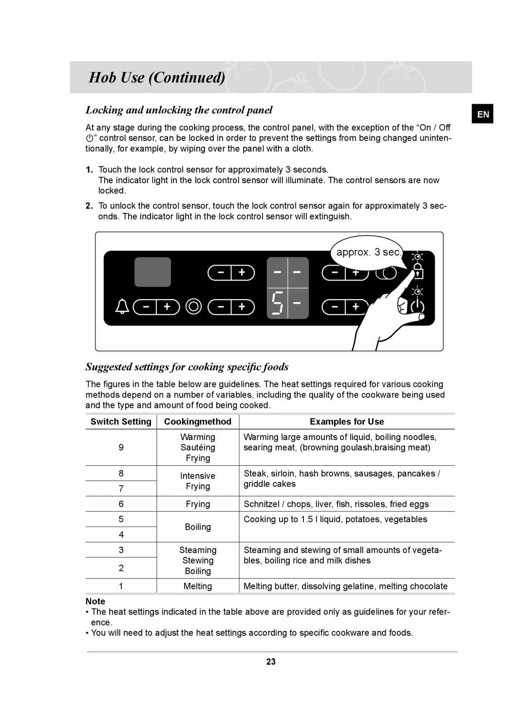 Samsung C61RCAST/BOL manual Locking and unlocking the control panel, Suggested settings for cooking speciﬁc foods 