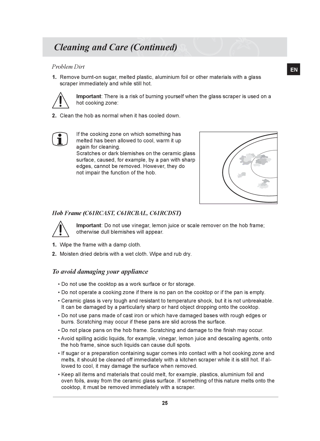 Samsung C61RCAST/BOL manual To avoid damaging your appliance, Problem Dirt 