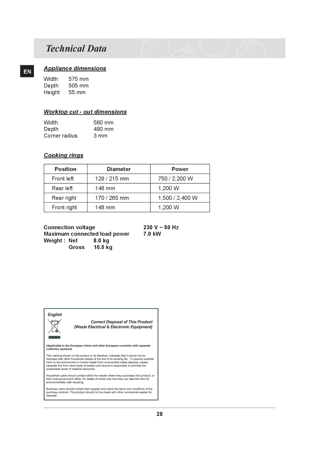 Samsung C61RCAST/BOL manual Technical Data, Cooking rings 