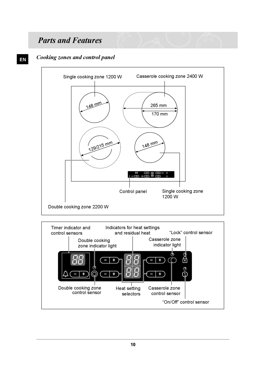 Samsung C61RCAST/BOL manual Parts and Features, Cooking zones and control panel 