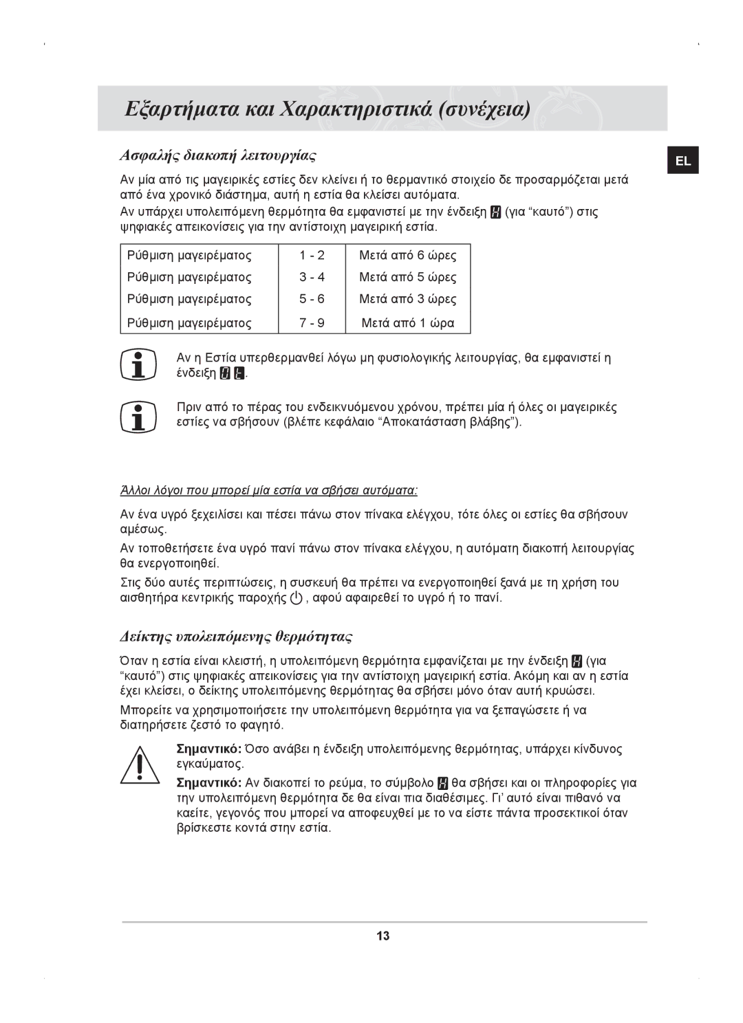 Samsung C61RCAST/ELE manual Ασφαλής διακοπή λειτουργίας, Δείκτης υπολειπόμενης θερμότητας 