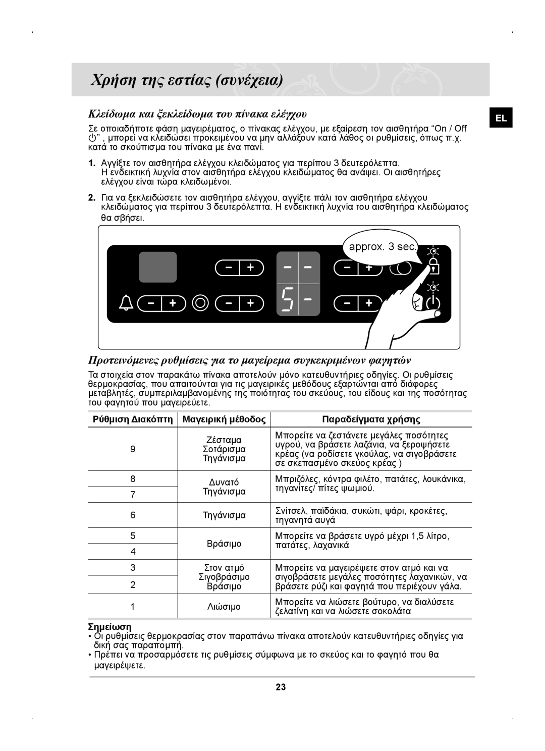 Samsung C61RCAST/ELE manual Κλείδωμα και ξεκλείδωμα του πίνακα ελέγχου, Παραδείγματα χρήσης 