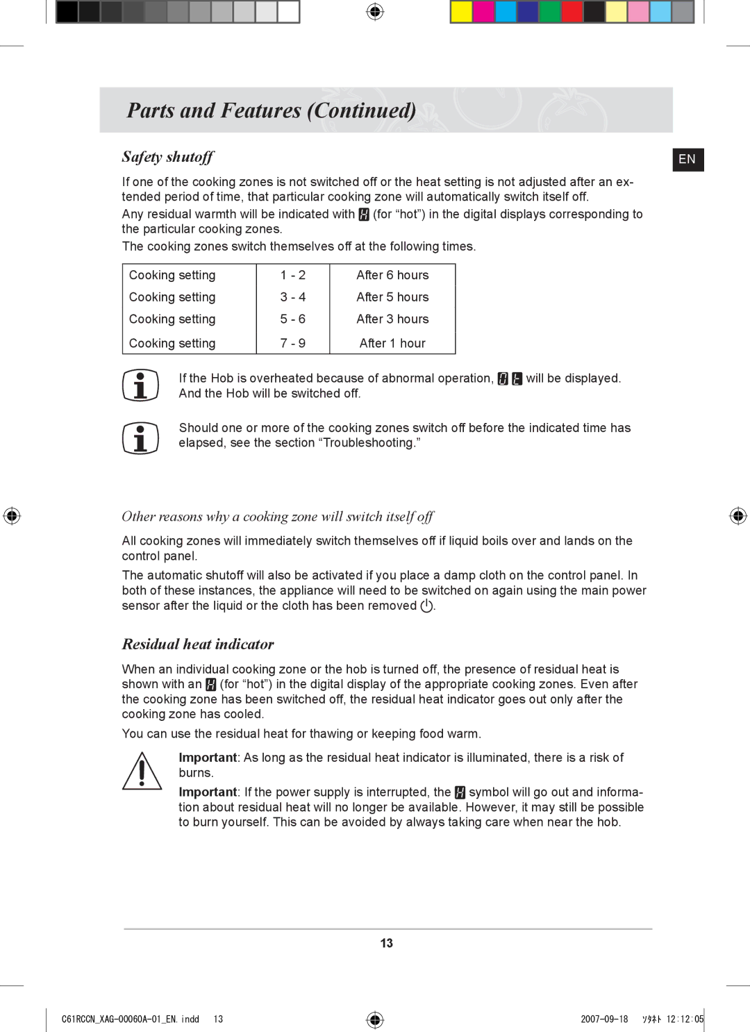 Samsung C61RCCN/XEO, C61RCAST/XAG manual Safety shutoff, Residual heat indicator 