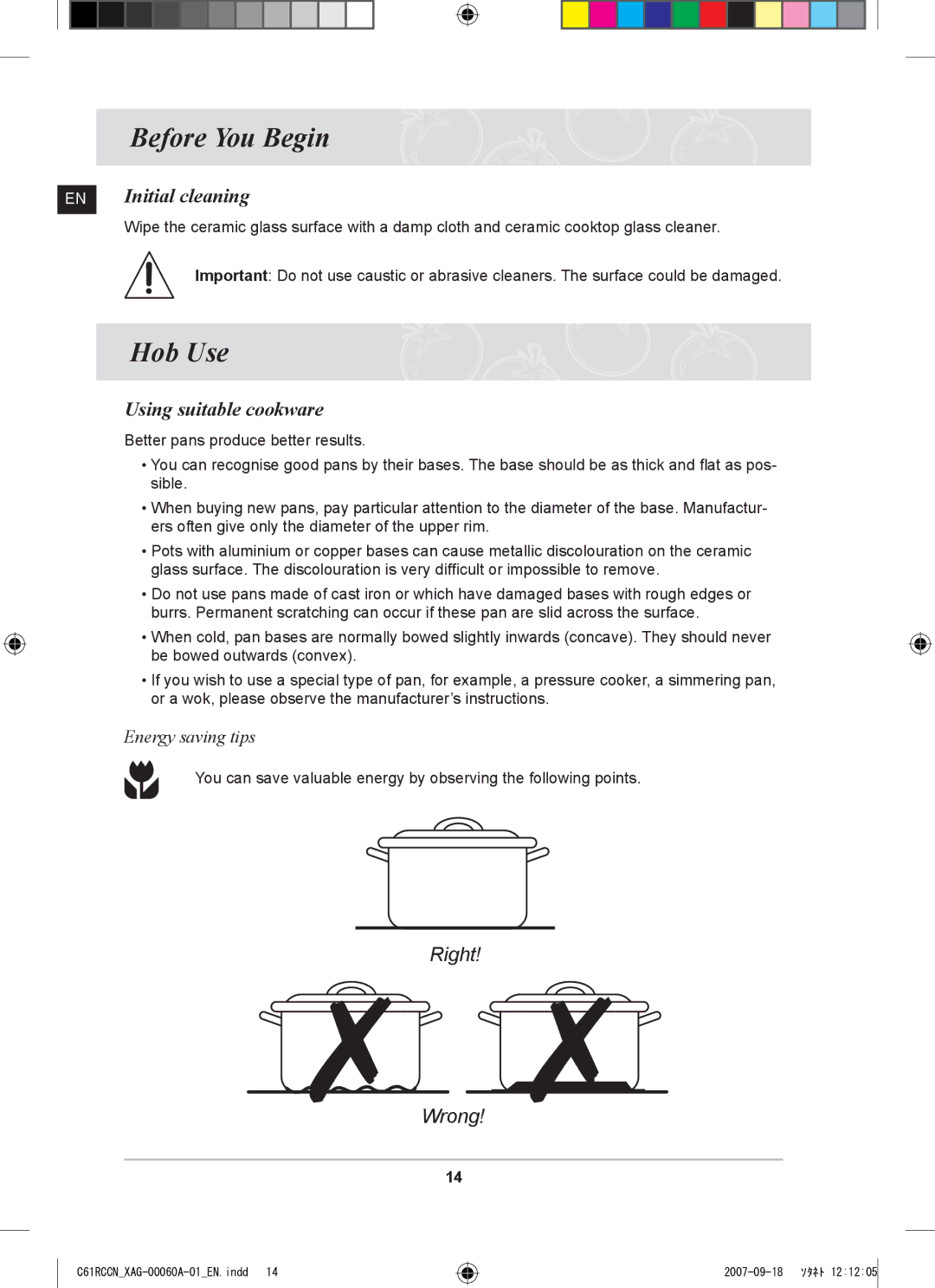 Samsung C61RCAST/XAG, C61RCCN/XEO manual Before You Begin, Hob Use, EN Initial cleaning, Using suitable cookware 