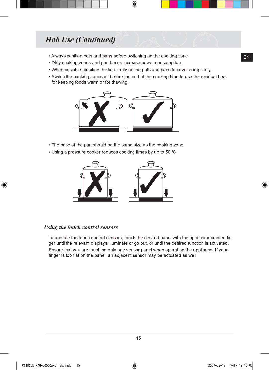 Samsung C61RCCN/XEO, C61RCAST/XAG manual Using the touch control sensors 