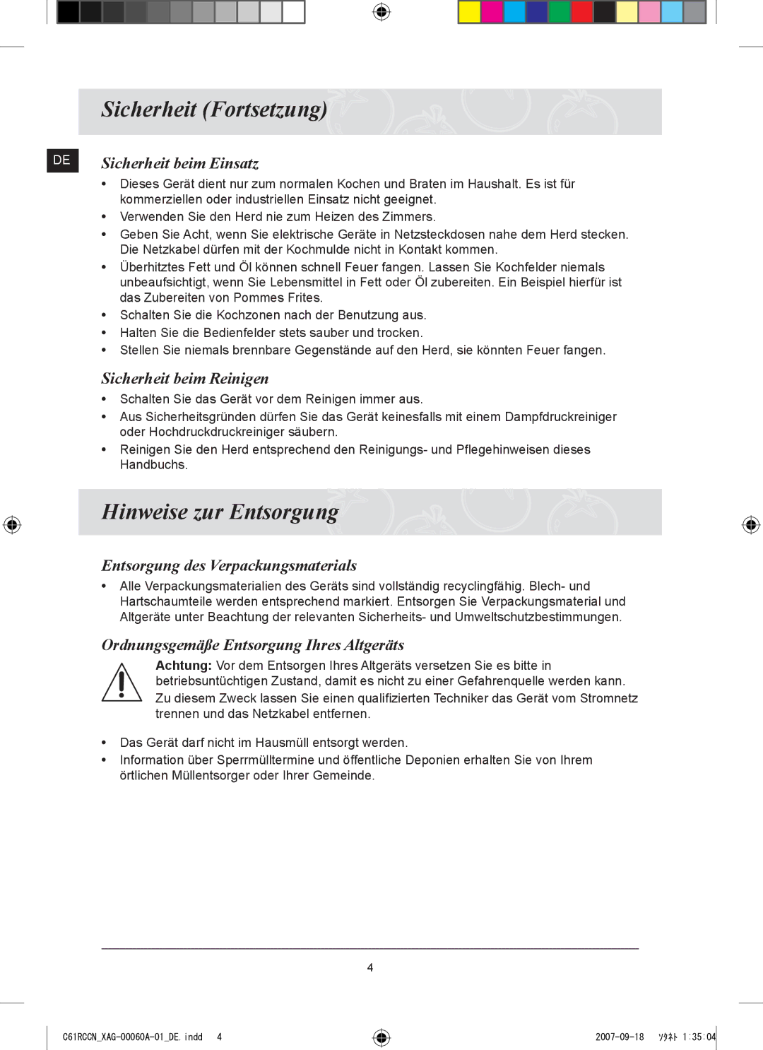 Samsung C61RCAST/XAG, C61RCCN/XEO manual Sicherheit Fortsetzung, Hinweise zur Entsorgung 