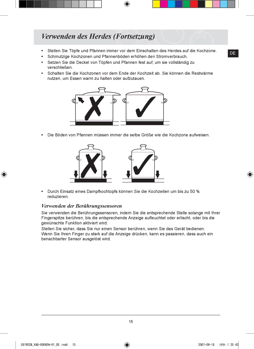 Samsung C61RCCN/XEO, C61RCAST/XAG manual Verwenden des Herdes Fortsetzung, Verwenden der Berührungssensoren 