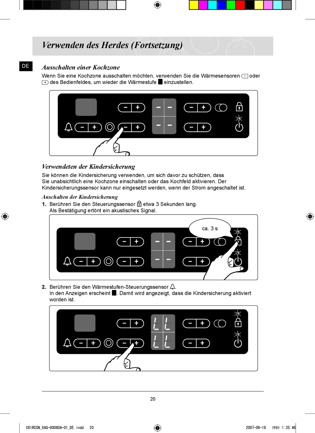 Samsung C61RCAST/XAG manual Ausschalten einer Kochzone, Verwendeten der Kindersicherung, Anschalten der Kindersicherung 