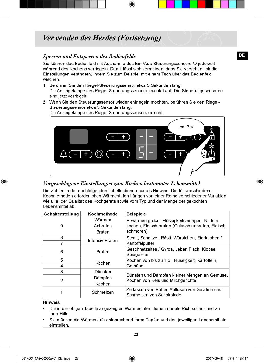 Samsung C61RCCN/XEO, C61RCAST/XAG manual Sperren und Entsperren des Bedienfelds, Beispiele, Hinweis 