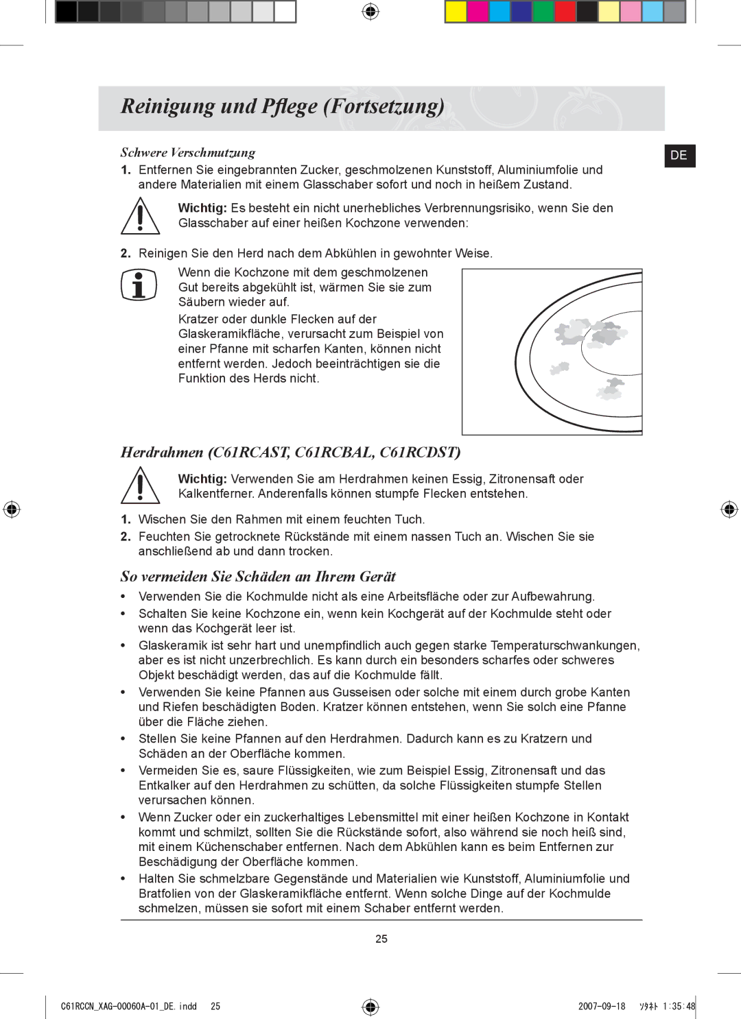 Samsung C61RCCN/XEO manual Reinigung und Pﬂege Fortsetzung, Herdrahmen C61RCAST, C61RCBAL, C61RCDST, Schwere Verschmutzung 