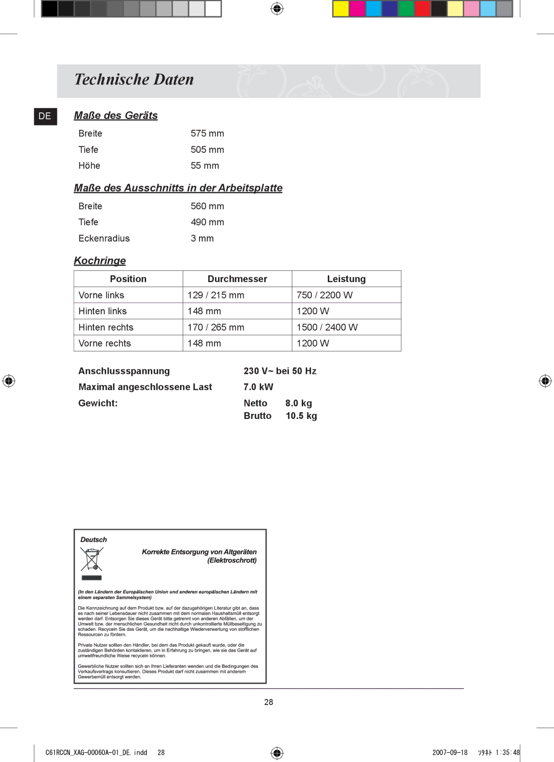 Samsung C61RCAST/XAG, C61RCCN/XEO manual Technische Daten, Position Durchmesser Leistung 