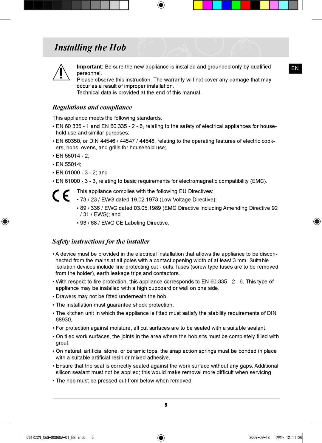 Samsung C61RCCN/XEO, C61RCAST/XAG Installing the Hob, Regulations and compliance, Safety instructions for the installer 