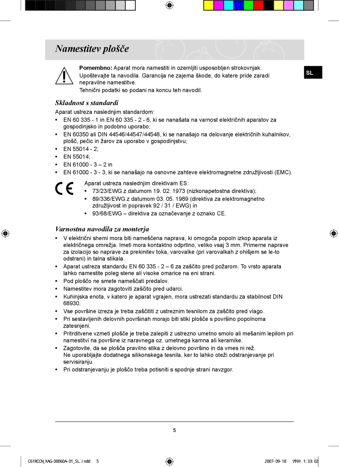 Samsung C61RCCN/XEO, C61RCAST/XAG manual Namestitev plošče, Skladnost s standardi, Varnostna navodila za monterja 