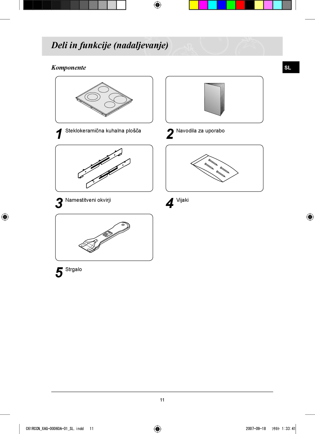 Samsung C61RCCN/XEO, C61RCAST/XAG manual Deli in funkcije nadaljevanje, Komponente 