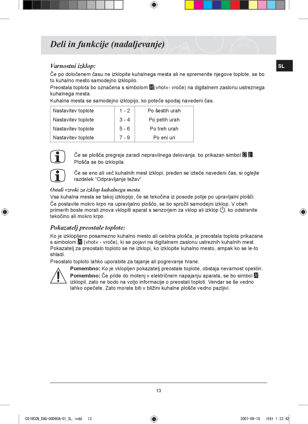 Samsung C61RCCN/XEO, C61RCAST/XAG Varnostni izklop, Pokazatelj preostale toplote, Ostali vzroki za izklop kuhalnega mesta 