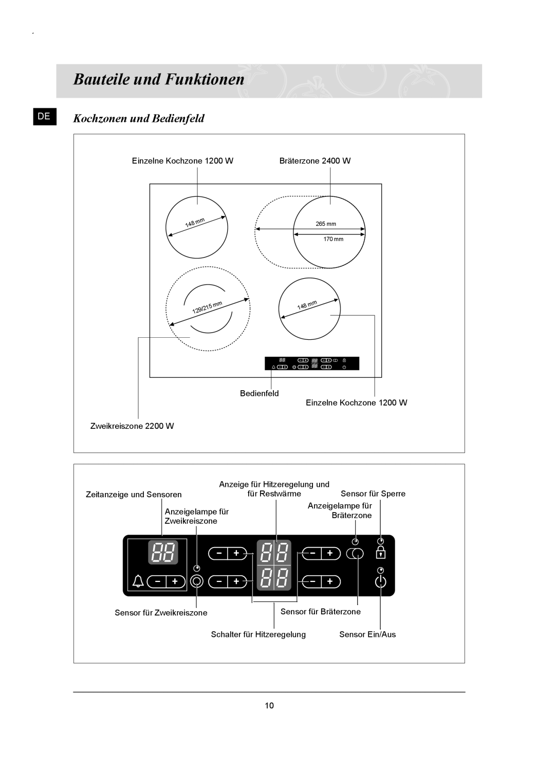 Samsung C61RCAST/XEG, C61RCDST/XEG manual Bauteile und Funktionen, Kochzonen und Bedienfeld 