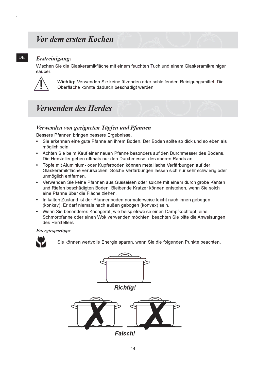 Samsung C61RCAST/XEG, C61RCDST/XEG manual Vor dem ersten Kochen, Verwenden des Herdes, DE Erstreinigung, Energiespartipps 