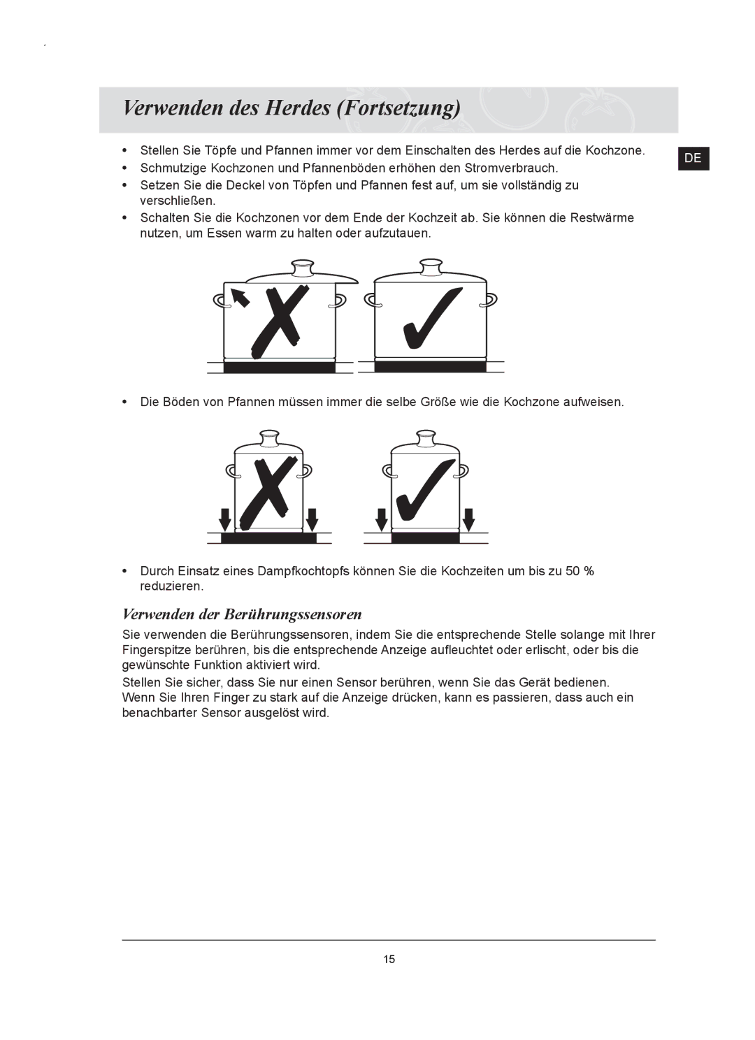 Samsung C61RCDST/XEG, C61RCAST/XEG manual Verwenden des Herdes Fortsetzung, Verwenden der Berührungssensoren 