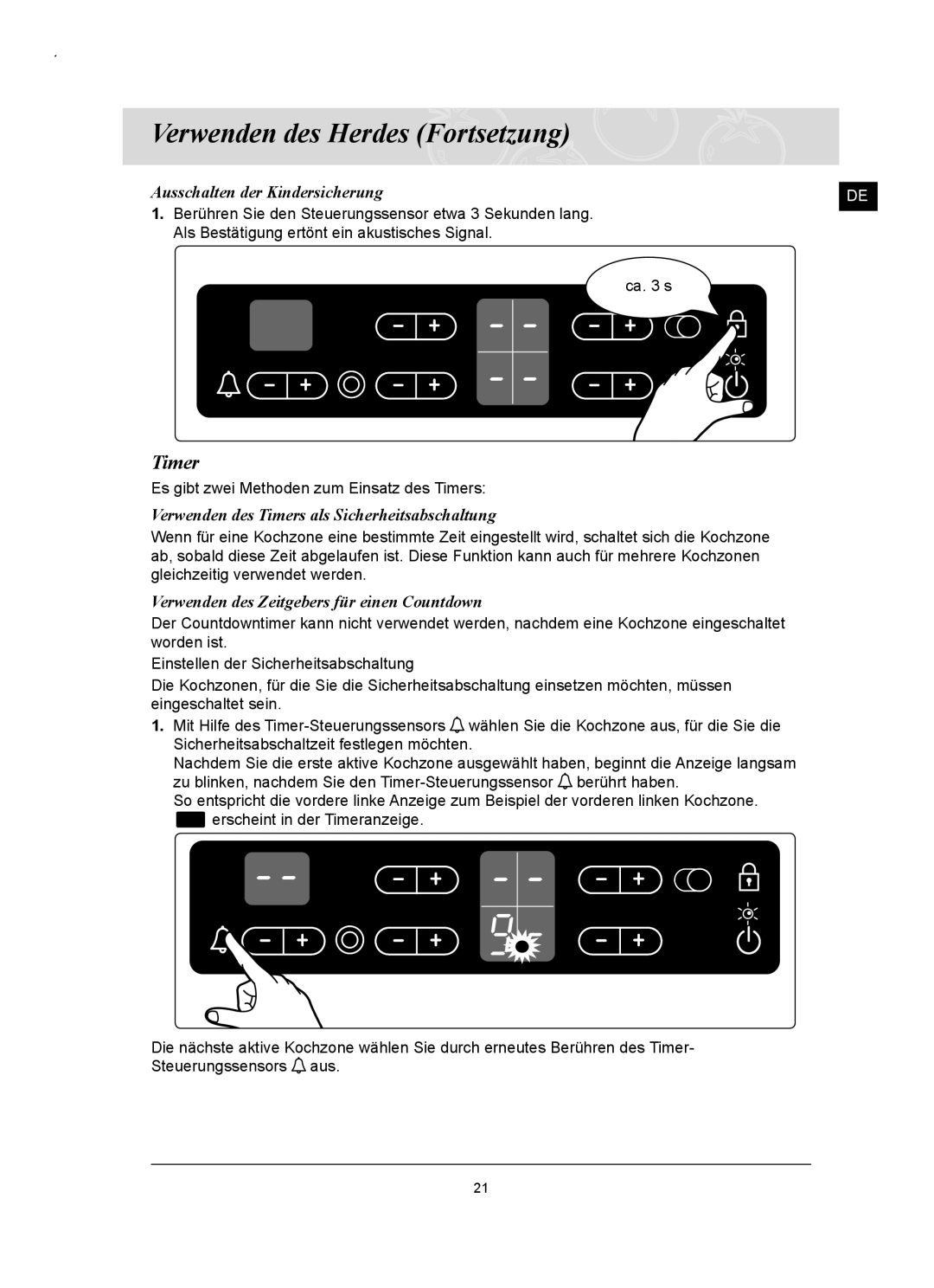 Samsung C61RCDST/XEG, C61RCAST/XEG Ausschalten der Kindersicherung, Verwenden des Timers als Sicherheitsabschaltung 