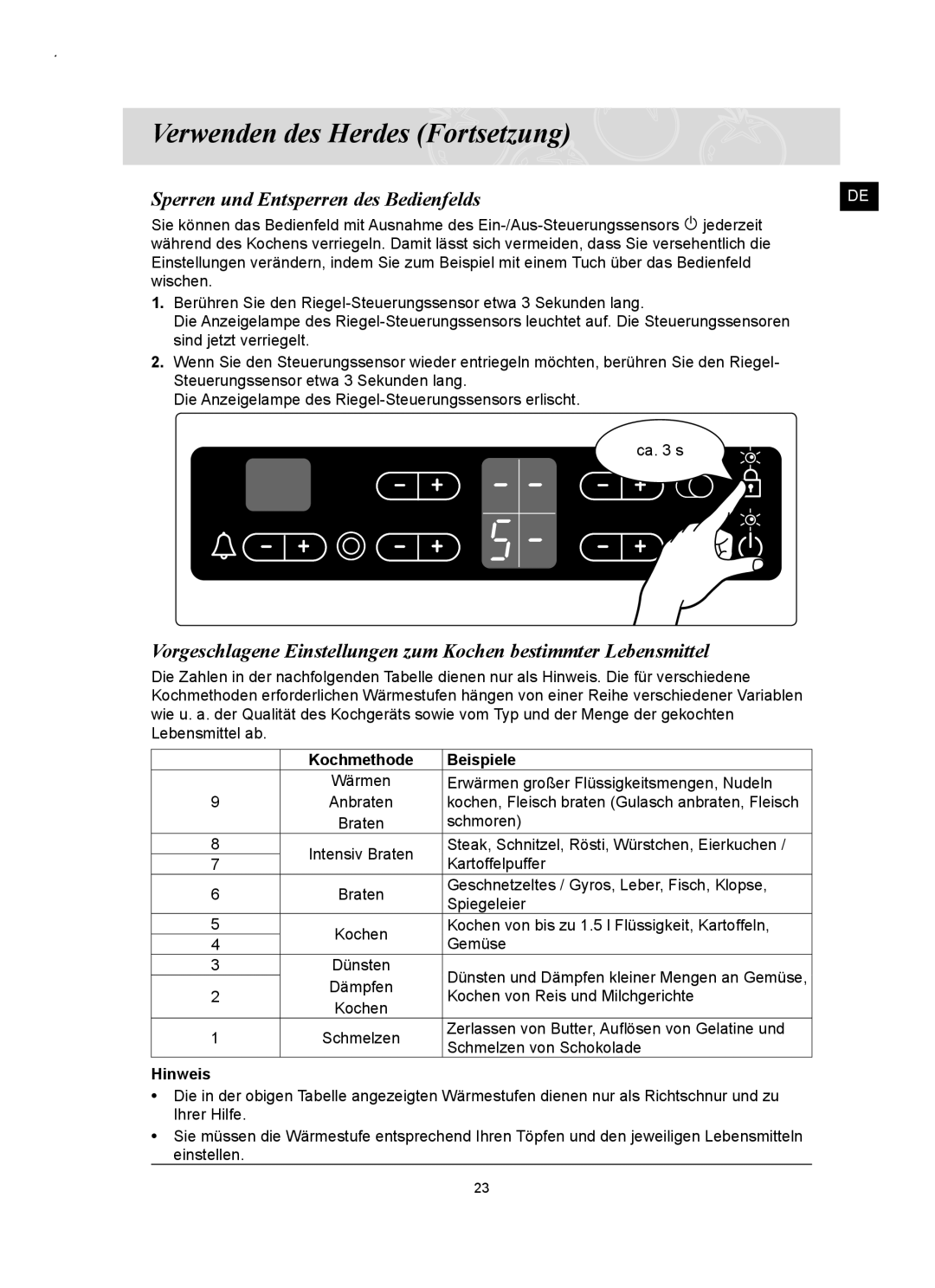 Samsung C61RCDST/XEG, C61RCAST/XEG manual Sperren und Entsperren des Bedienfelds, Beispiele 