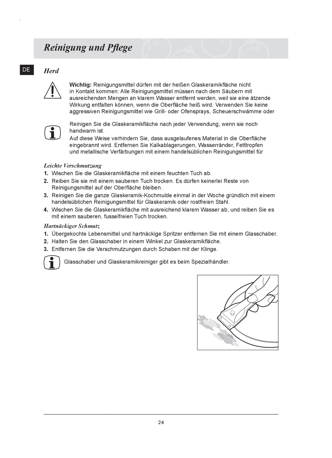 Samsung C61RCAST/XEG, C61RCDST/XEG manual Reinigung und Pﬂege, DE Herd, Leichte Verschmutzung, Hartnäckiger Schmutz 