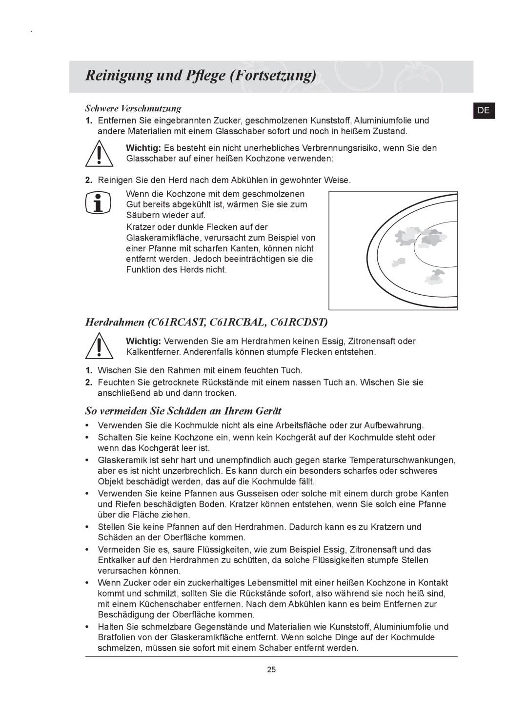 Samsung C61RCDST/XEG manual Reinigung und Pﬂege Fortsetzung, Herdrahmen C61RCAST, C61RCBAL, C61RCDST, Schwere Verschmutzung 